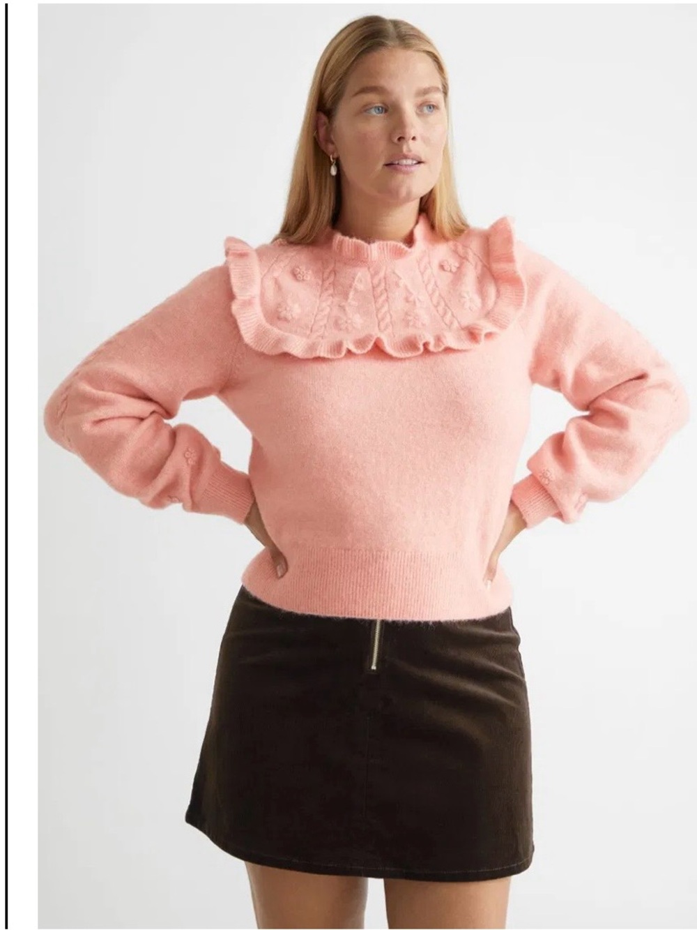 & Other Stories Pink Ruffle-Yoke Crewneck Sweater